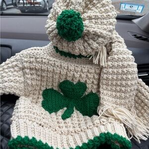 Handmade Cream and Green Knit Setwith shamrock for good luck